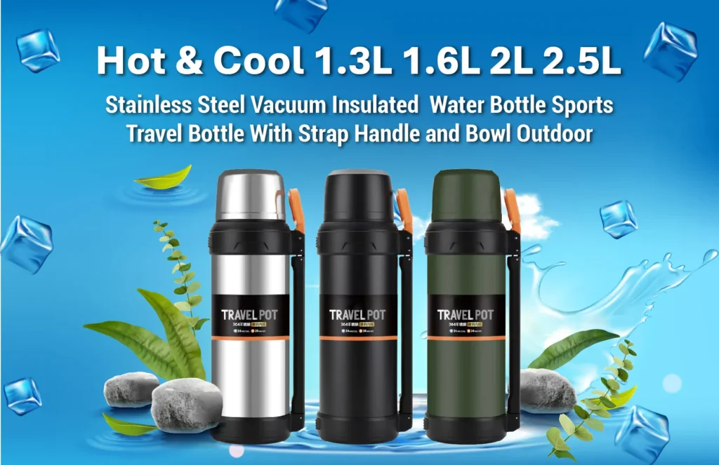 Hot and cool 1.3L 1.6L 2L 2.5L Stainless Steel Vacuum Insulated Water Bottle Sports Travel Bottle With Strap Handle and Bowl Outdoor